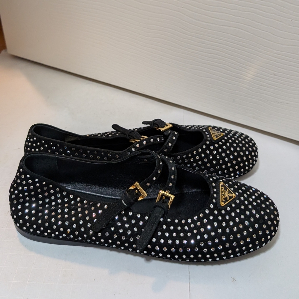 Prada Black Suede Ballerina Flats Dual Mary Jane Crystals Size 36.5 Logo NWOB - Picture 2 of 8